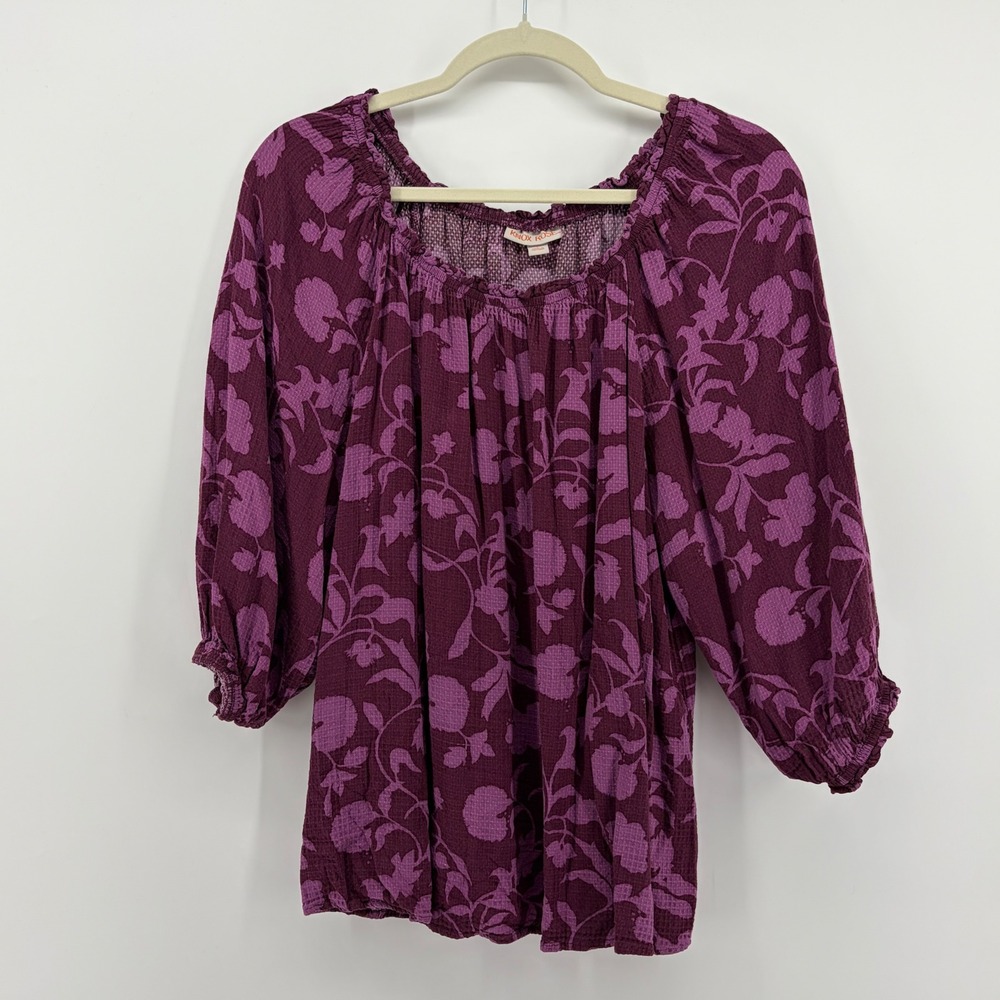 Knox Rose Floral Peasant Blouse Purple Womens Large 3/4 Sleeve Relaxed Boho Top‎